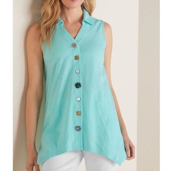 SOFT SURROUNDINGS Danielle Button Tank Aqua Blue Sleeveless 100% Cotton Top XS - Picture 4 of 14